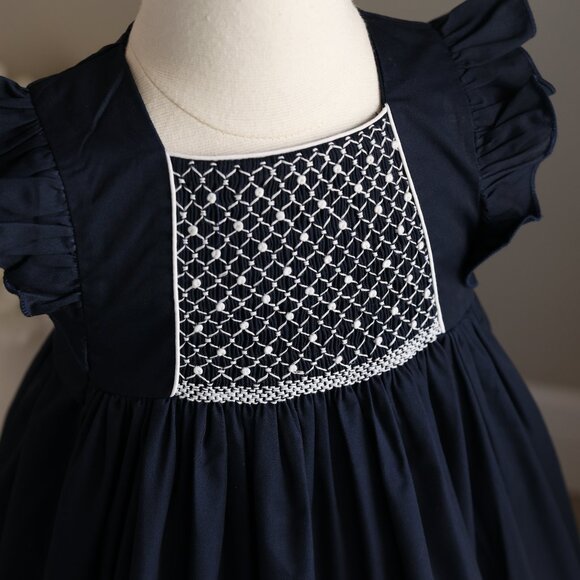 Navy Smocked Dress Flutter Sleeve Feltman Brothers Size 18 Months New With Tags - Picture 2 of 5